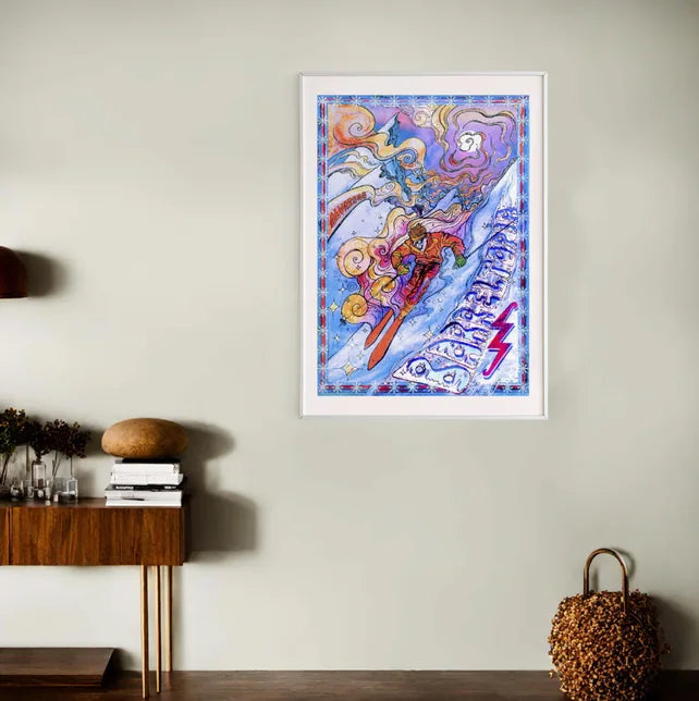 Ski poster framed on a living room wall