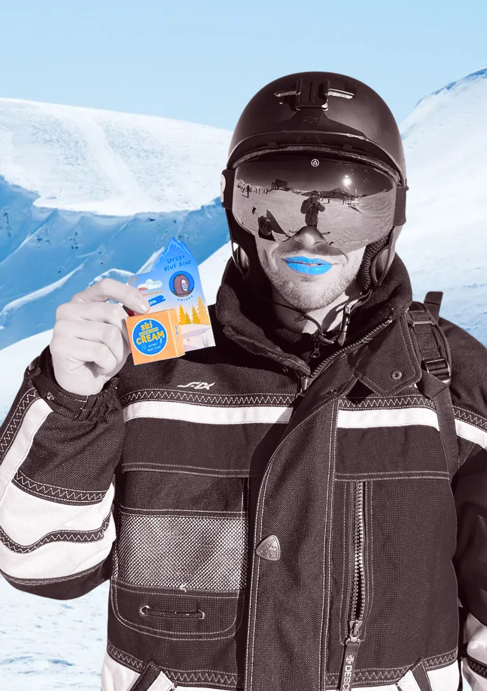 Skier wearing blue zinc on the lips